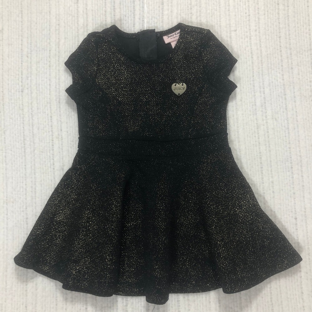 Juicy Couture Dress Black Gold Sparkle Party Fit & Flare Heart Logo 24M